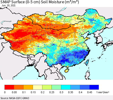 China, Mongolia and Taiwan SMAP Surface (0-5 cm) Soil Moisture (m³/m³) Thematic Map For 6/26/2021 - 6/30/2021
