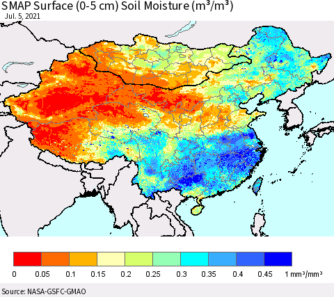 China, Mongolia and Taiwan SMAP Surface (0-5 cm) Soil Moisture (m³/m³) Thematic Map For 7/1/2021 - 7/5/2021