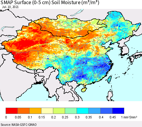 China, Mongolia and Taiwan SMAP Surface (0-5 cm) Soil Moisture (m³/m³) Thematic Map For 7/6/2021 - 7/10/2021