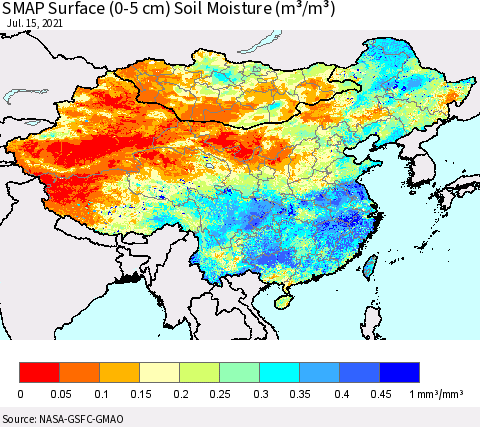 China, Mongolia and Taiwan SMAP Surface (0-5 cm) Soil Moisture (m³/m³) Thematic Map For 7/11/2021 - 7/15/2021