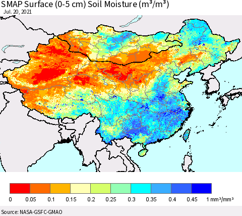 China, Mongolia and Taiwan SMAP Surface (0-5 cm) Soil Moisture (m³/m³) Thematic Map For 7/16/2021 - 7/20/2021