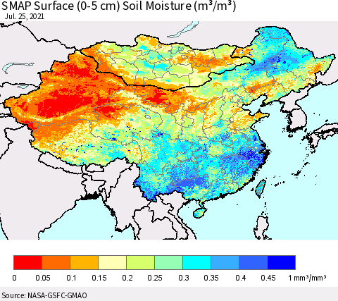 China, Mongolia and Taiwan SMAP Surface (0-5 cm) Soil Moisture (m³/m³) Thematic Map For 7/21/2021 - 7/25/2021