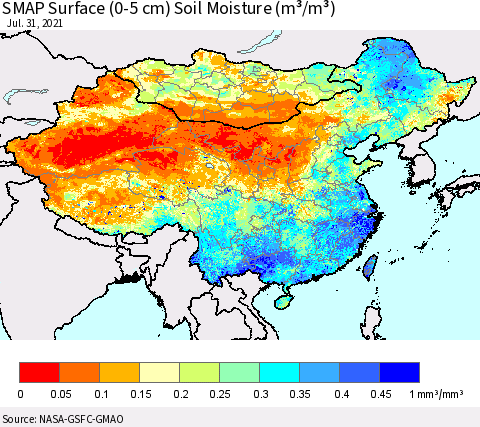 China, Mongolia and Taiwan SMAP Surface (0-5 cm) Soil Moisture (m³/m³) Thematic Map For 7/26/2021 - 7/31/2021