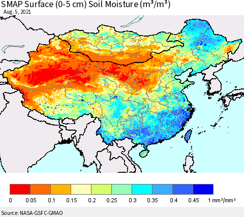 China, Mongolia and Taiwan SMAP Surface (0-5 cm) Soil Moisture (m³/m³) Thematic Map For 8/1/2021 - 8/5/2021