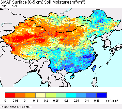 China, Mongolia and Taiwan SMAP Surface (0-5 cm) Soil Moisture (m³/m³) Thematic Map For 8/6/2021 - 8/10/2021