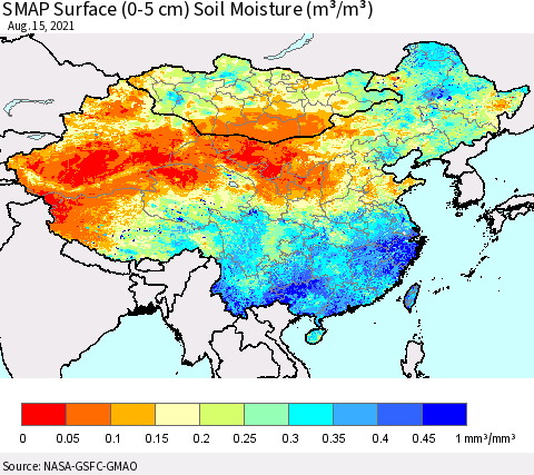 China, Mongolia and Taiwan SMAP Surface (0-5 cm) Soil Moisture (m³/m³) Thematic Map For 8/11/2021 - 8/15/2021