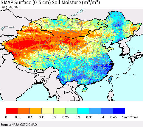 China, Mongolia and Taiwan SMAP Surface (0-5 cm) Soil Moisture (m³/m³) Thematic Map For 8/16/2021 - 8/20/2021