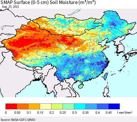 China, Mongolia and Taiwan SMAP Surface (0-5 cm) Soil Moisture (m³/m³) Thematic Map For 8/21/2021 - 8/25/2021