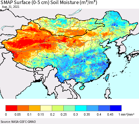 China, Mongolia and Taiwan SMAP Surface (0-5 cm) Soil Moisture (m³/m³) Thematic Map For 8/26/2021 - 8/31/2021