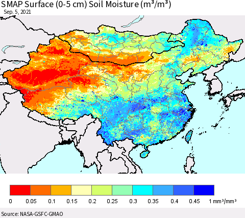 China, Mongolia and Taiwan SMAP Surface (0-5 cm) Soil Moisture (m³/m³) Thematic Map For 9/1/2021 - 9/5/2021