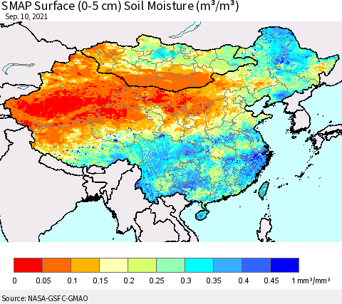 China, Mongolia and Taiwan SMAP Surface (0-5 cm) Soil Moisture (m³/m³) Thematic Map For 9/6/2021 - 9/10/2021