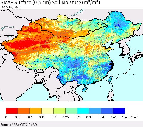 China, Mongolia and Taiwan SMAP Surface (0-5 cm) Soil Moisture (m³/m³) Thematic Map For 9/11/2021 - 9/15/2021