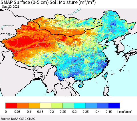 China, Mongolia and Taiwan SMAP Surface (0-5 cm) Soil Moisture (m³/m³) Thematic Map For 9/16/2021 - 9/20/2021