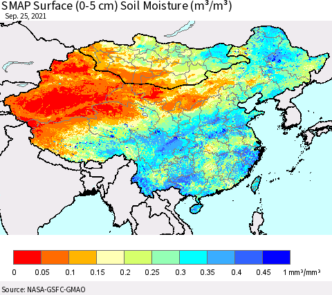 China, Mongolia and Taiwan SMAP Surface (0-5 cm) Soil Moisture (m³/m³) Thematic Map For 9/21/2021 - 9/25/2021