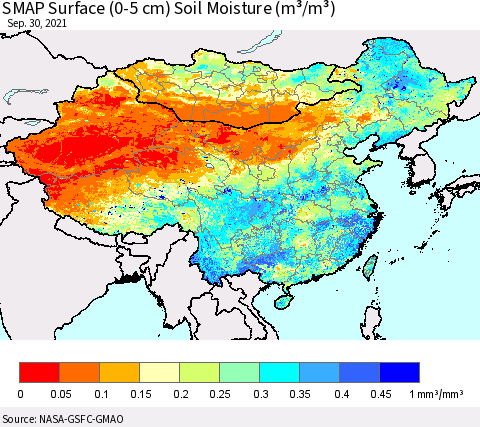 China, Mongolia and Taiwan SMAP Surface (0-5 cm) Soil Moisture (m³/m³) Thematic Map For 9/26/2021 - 9/30/2021