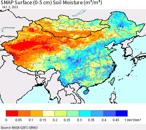 China, Mongolia and Taiwan SMAP Surface (0-5 cm) Soil Moisture (m³/m³) Thematic Map For 10/1/2021 - 10/5/2021