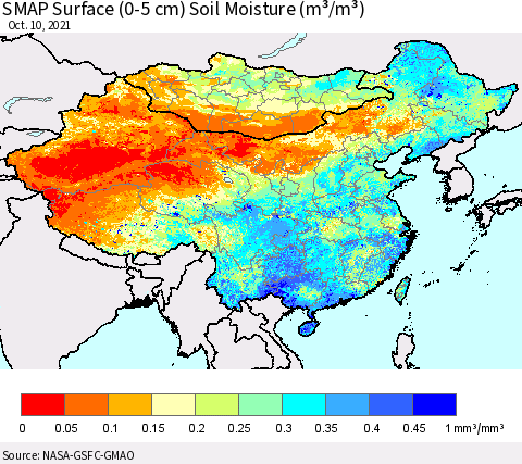 China, Mongolia and Taiwan SMAP Surface (0-5 cm) Soil Moisture (m³/m³) Thematic Map For 10/6/2021 - 10/10/2021