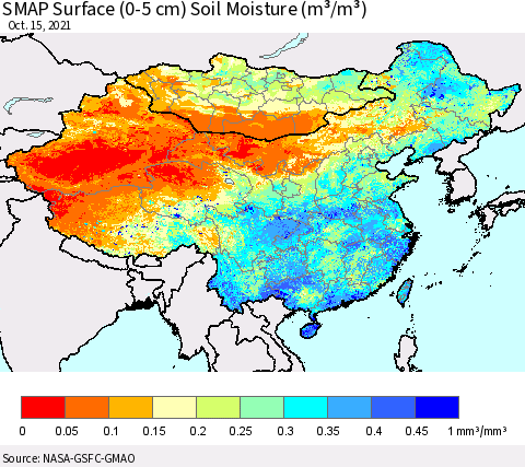 China, Mongolia and Taiwan SMAP Surface (0-5 cm) Soil Moisture (m³/m³) Thematic Map For 10/11/2021 - 10/15/2021