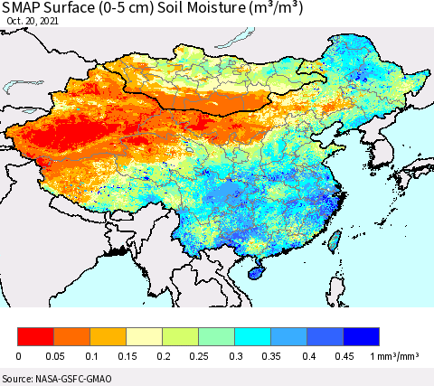 China, Mongolia and Taiwan SMAP Surface (0-5 cm) Soil Moisture (m³/m³) Thematic Map For 10/16/2021 - 10/20/2021