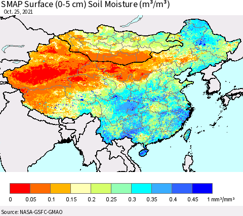 China, Mongolia and Taiwan SMAP Surface (0-5 cm) Soil Moisture (m³/m³) Thematic Map For 10/21/2021 - 10/25/2021