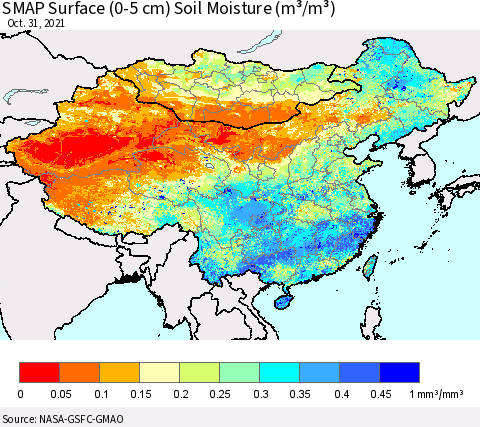 China, Mongolia and Taiwan SMAP Surface (0-5 cm) Soil Moisture (m³/m³) Thematic Map For 10/26/2021 - 10/31/2021