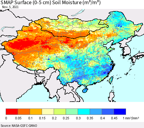 China, Mongolia and Taiwan SMAP Surface (0-5 cm) Soil Moisture (m³/m³) Thematic Map For 11/1/2021 - 11/5/2021