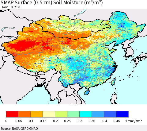 China, Mongolia and Taiwan SMAP Surface (0-5 cm) Soil Moisture (m³/m³) Thematic Map For 11/6/2021 - 11/10/2021