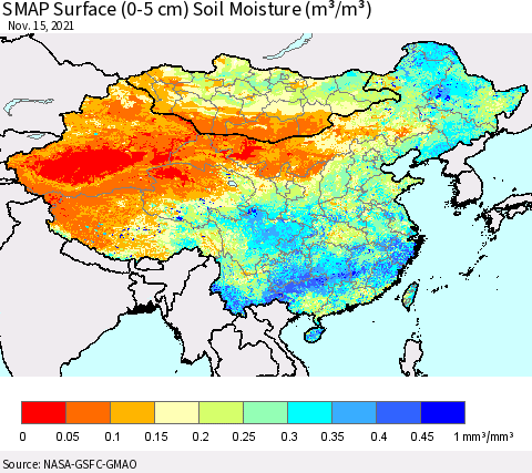 China, Mongolia and Taiwan SMAP Surface (0-5 cm) Soil Moisture (m³/m³) Thematic Map For 11/11/2021 - 11/15/2021