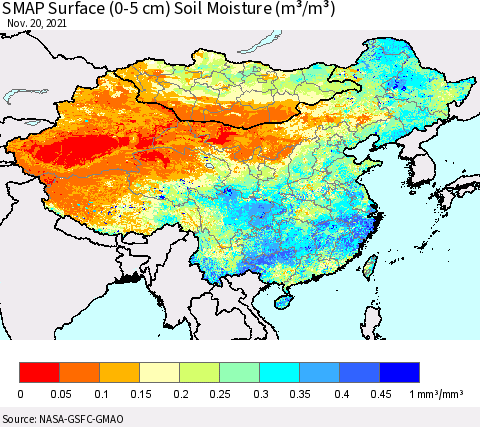 China, Mongolia and Taiwan SMAP Surface (0-5 cm) Soil Moisture (m³/m³) Thematic Map For 11/16/2021 - 11/20/2021