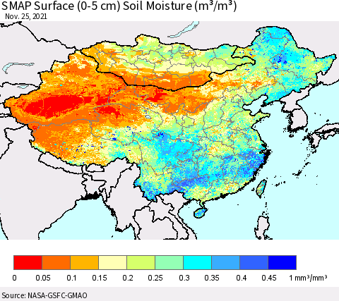 China, Mongolia and Taiwan SMAP Surface (0-5 cm) Soil Moisture (m³/m³) Thematic Map For 11/21/2021 - 11/25/2021