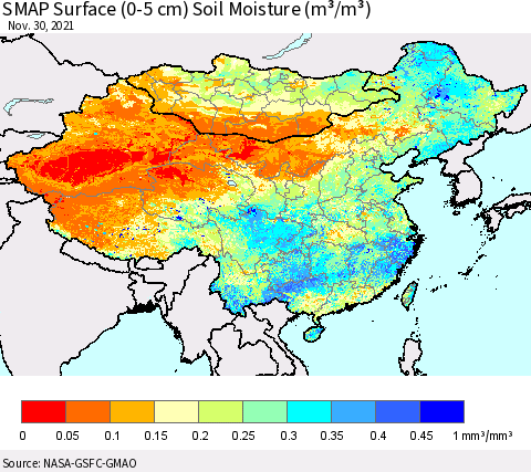 China, Mongolia and Taiwan SMAP Surface (0-5 cm) Soil Moisture (m³/m³) Thematic Map For 11/26/2021 - 11/30/2021