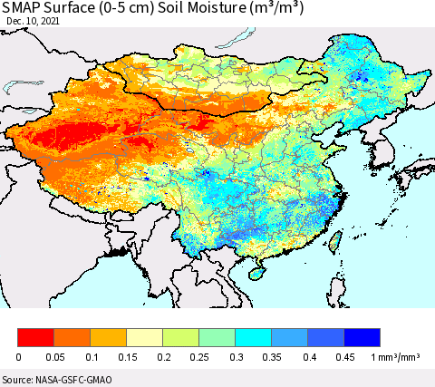 China, Mongolia and Taiwan SMAP Surface (0-5 cm) Soil Moisture (m³/m³) Thematic Map For 12/6/2021 - 12/10/2021