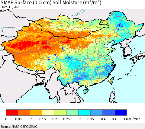 China, Mongolia and Taiwan SMAP Surface (0-5 cm) Soil Moisture (m³/m³) Thematic Map For 12/11/2021 - 12/15/2021