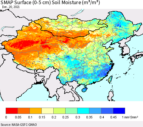 China, Mongolia and Taiwan SMAP Surface (0-5 cm) Soil Moisture (m³/m³) Thematic Map For 12/16/2021 - 12/20/2021