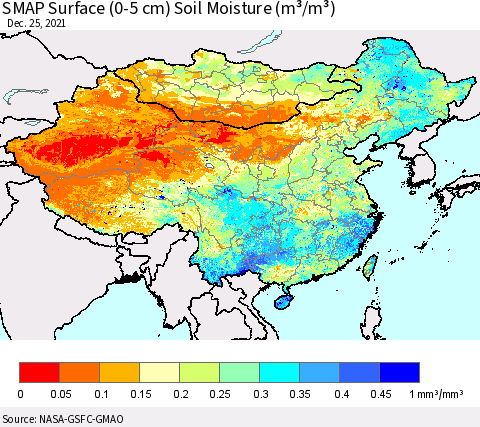 China, Mongolia and Taiwan SMAP Surface (0-5 cm) Soil Moisture (m³/m³) Thematic Map For 12/21/2021 - 12/25/2021