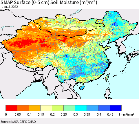 China, Mongolia and Taiwan SMAP Surface (0-5 cm) Soil Moisture (m³/m³) Thematic Map For 1/1/2022 - 1/5/2022