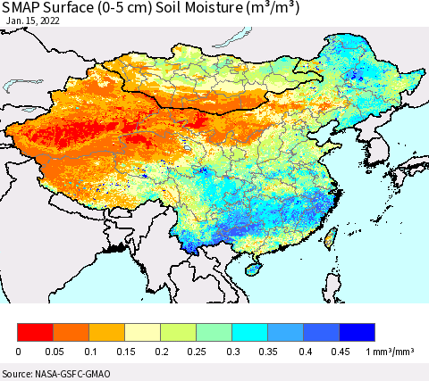 China, Mongolia and Taiwan SMAP Surface (0-5 cm) Soil Moisture (m³/m³) Thematic Map For 1/11/2022 - 1/15/2022