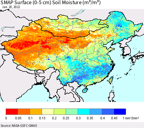 China, Mongolia and Taiwan SMAP Surface (0-5 cm) Soil Moisture (m³/m³) Thematic Map For 1/16/2022 - 1/20/2022