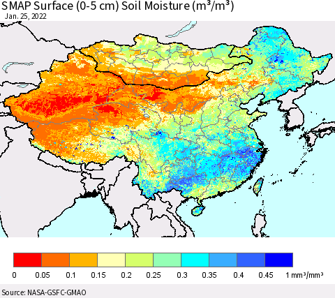China, Mongolia and Taiwan SMAP Surface (0-5 cm) Soil Moisture (m³/m³) Thematic Map For 1/21/2022 - 1/25/2022