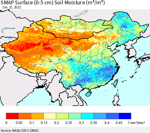 China, Mongolia and Taiwan SMAP Surface (0-5 cm) Soil Moisture (m³/m³) Thematic Map For 1/26/2022 - 1/31/2022