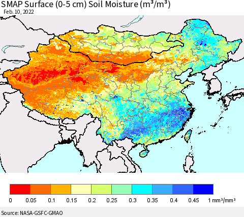 China, Mongolia and Taiwan SMAP Surface (0-5 cm) Soil Moisture (m³/m³) Thematic Map For 2/6/2022 - 2/10/2022