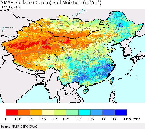 China, Mongolia and Taiwan SMAP Surface (0-5 cm) Soil Moisture (m³/m³) Thematic Map For 2/11/2022 - 2/15/2022