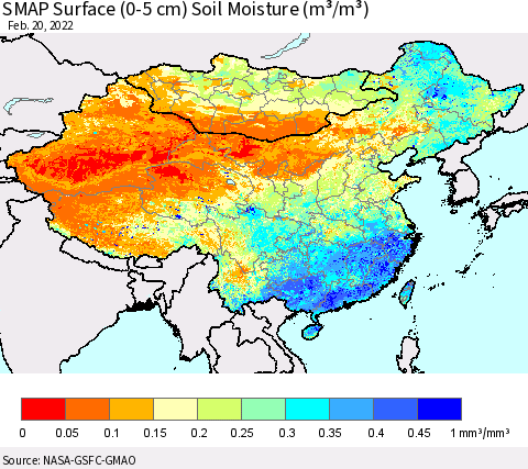 China, Mongolia and Taiwan SMAP Surface (0-5 cm) Soil Moisture (m³/m³) Thematic Map For 2/16/2022 - 2/20/2022