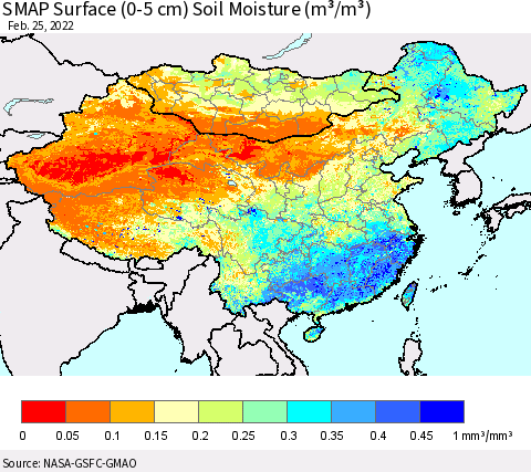 China, Mongolia and Taiwan SMAP Surface (0-5 cm) Soil Moisture (m³/m³) Thematic Map For 2/21/2022 - 2/25/2022