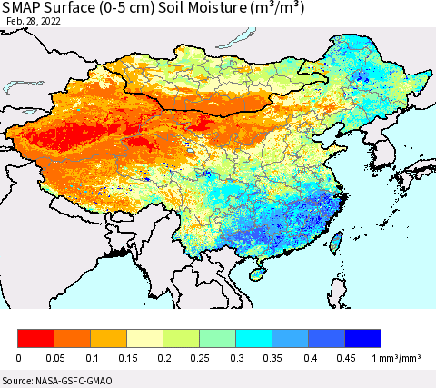 China, Mongolia and Taiwan SMAP Surface (0-5 cm) Soil Moisture (m³/m³) Thematic Map For 2/26/2022 - 2/28/2022