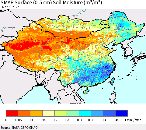 China, Mongolia and Taiwan SMAP Surface (0-5 cm) Soil Moisture (m³/m³) Thematic Map For 3/1/2022 - 3/5/2022