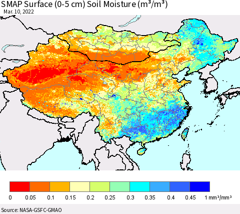 China, Mongolia and Taiwan SMAP Surface (0-5 cm) Soil Moisture (m³/m³) Thematic Map For 3/6/2022 - 3/10/2022