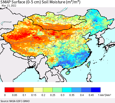 China, Mongolia and Taiwan SMAP Surface (0-5 cm) Soil Moisture (m³/m³) Thematic Map For 3/11/2022 - 3/15/2022