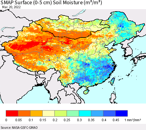 China, Mongolia and Taiwan SMAP Surface (0-5 cm) Soil Moisture (m³/m³) Thematic Map For 3/16/2022 - 3/20/2022