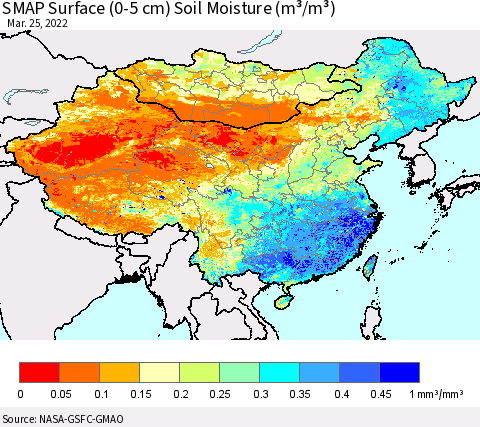 China, Mongolia and Taiwan SMAP Surface (0-5 cm) Soil Moisture (m³/m³) Thematic Map For 3/21/2022 - 3/25/2022